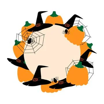 Halloween Round frame with pumpkins, which hats, spiders and cobwebs. Greetings Illustrazione stock