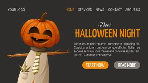 Halloween scarecrow with a pumpkin instead of a head. Template for website Stock Illustration