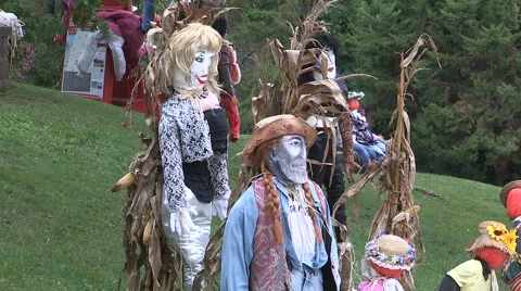 Halloween scarecrows and decorations in haunted town Stock Footage