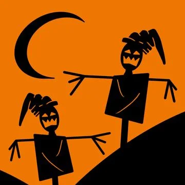 Halloween Scarecrows Beneath Crescent Moon Silhouette Illustration Stock Illustration