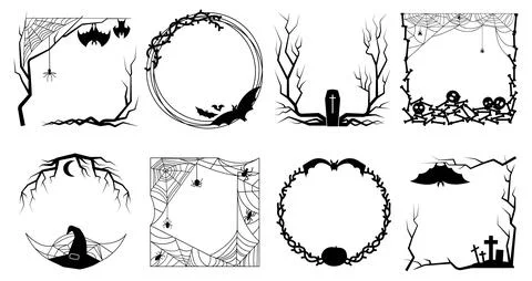 Halloween scary frames from bones, spiderweb, pumpkins and tree. Bats border イラスト素材