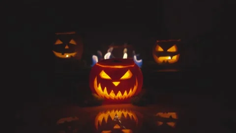 Halloween Scary Pumpkins with fire inside Stock Footage 233674997