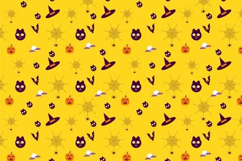 Halloween scary seamless pattern design with cat faces and witch hats. Abstra Stock Illustration