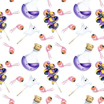 Halloween scary seamless pattern with magic glass bottle with violet liquid,  Stock Illustration
