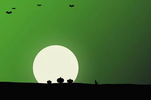 Halloween scene with moon bats pumpkins and cat on green background for spo.. Ilustração Stock