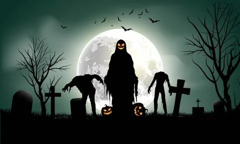 Halloween Scene: Mysterious Ghost in the Graveyard and Awakens Headless Zombies Stock Illustration