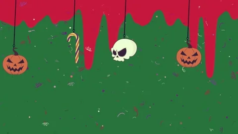 A halloween scene with pumpkins, candy and group of decorations hanging from 库存影片 336052675