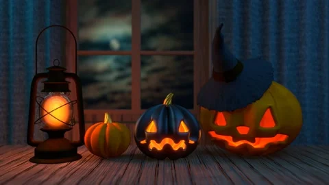 Halloween scene with pumpkins, a lantern and a flying witch 3D 4K loop animation Stock Footage 213325462