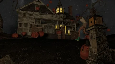 Halloween Scene With Raining Pumpkins and Zombie Death Stock Footage 42129366