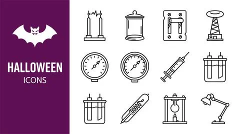 Halloween science lab icons set featuring black outline symbols of mad scie.. Stock Illustration