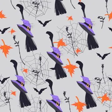 Halloween seamless background or pattern with witch magic hat and leaves, vector Stock Illustration