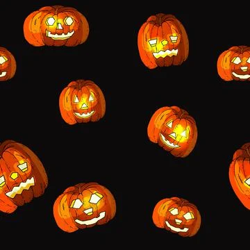 Halloween seamless background with pumpkin. Vector hand drawn pattern. Stock Illustration