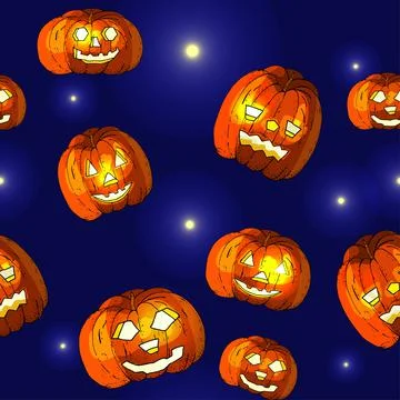 Halloween seamless background with pumpkin. Vector hand drawn pattern. Stock Illustration