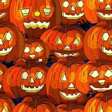 Halloween seamless background with pumpkin. Vector hand drawn pattern. Stock Illustration