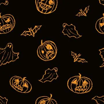Halloween seamless funny pattern background with spooky pumpkin, bat, ghost Stock Illustration