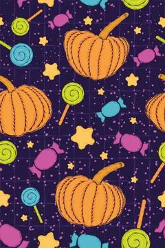 Halloween seamless pattern background with candies and pumpkins Vector Illustrazione stock