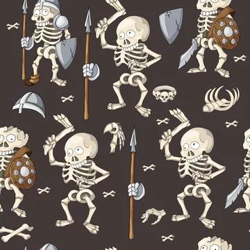 Halloween seamless pattern, background with cartoon hand drawn skeletons Stockillustratie