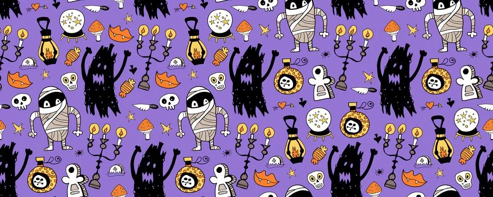 Halloween seamless pattern background with holiday symbols Stock Illustration