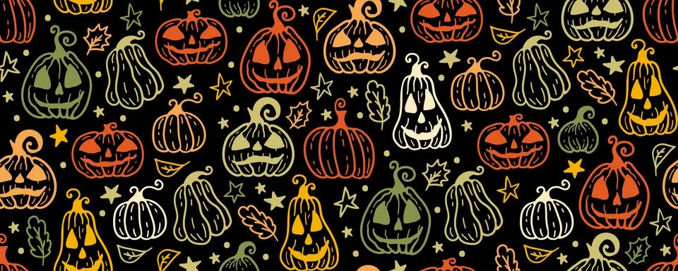 Halloween seamless pattern background with holiday symbols Stock Illustration