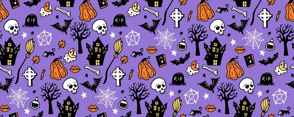 Halloween seamless pattern background with holiday symbols Stock Illustration