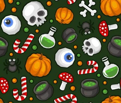Halloween Seamless Pattern Background with Spider, Skull, Pumpkin, Candy, B.. Stock Illustration