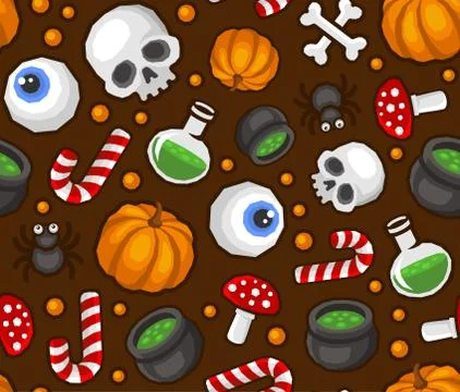 Halloween Seamless Pattern Background with Spider, Skull, Pumpkin, Candy, B.. Stock Illustration