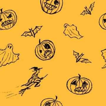 Halloween seamless pattern background with spooky witch, pumpkin, bat, ghost Stock Illustration