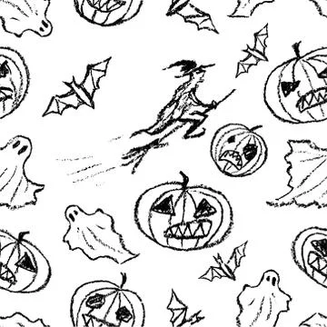 Halloween seamless pattern background with spooky pumpkin, bat, witch, ghost Stock Illustration