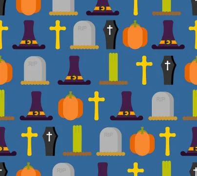 Halloween seamless pattern. Background for terrible holiday. hat witch and to Stock Illustration