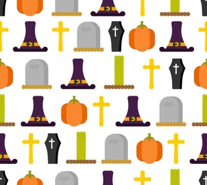 Halloween seamless pattern. Background for terrible holiday. hat witch and to Stock Illustration