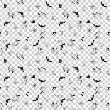 Halloween seamless pattern with the bat, cat, candle, no background. Stock Illustration