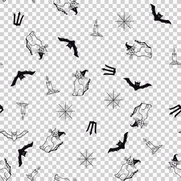 Halloween seamless pattern with the bat, cat, candle. no background. Stock Illustration