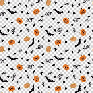 Halloween seamless pattern with the bat, pumpkin, no background. Illustrazione stock