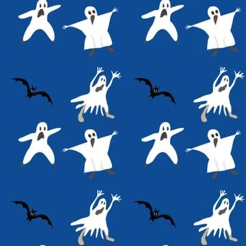 Halloween seamless pattern. Bat silhouette ghost. Vector blue background color. Illustrazione stock