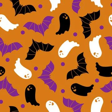 Halloween seamless pattern - bats and ghosts orange background Stock Illustration