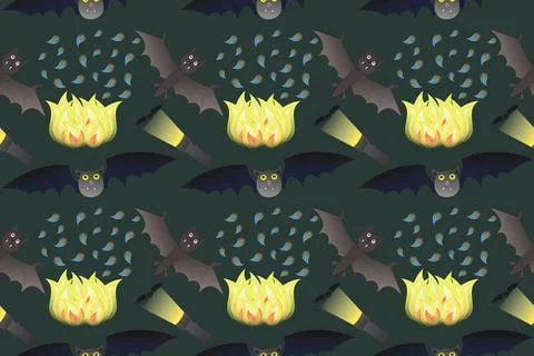 Halloween Seamless Pattern with Bats and Flames 스톡 일러스트