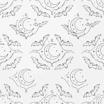 Halloween seamless pattern bats crescent moon stars Silhouette Stock Illustration