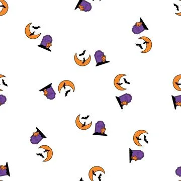 Halloween seamless pattern with bats, moon, and tombstones. Stock Illustration