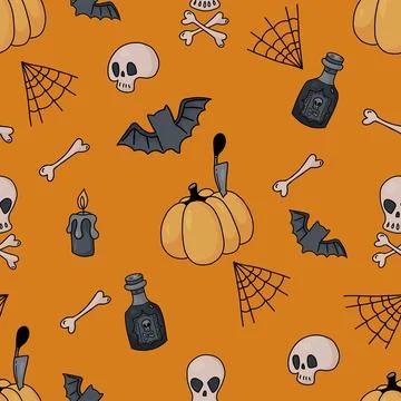 Halloween Seamless pattern with bats, pumpkin, burning candle, rum, cobwebs Stock Illustration