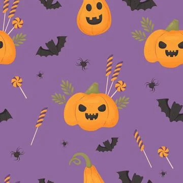 Halloween Seamless pattern with bats, pumpkin jack o lantern and candies on.. Stock Illustration