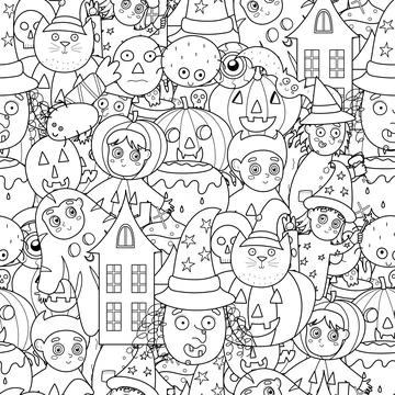 Halloween seamless pattern in black and white. Doodle coloring page Illustrazione stock