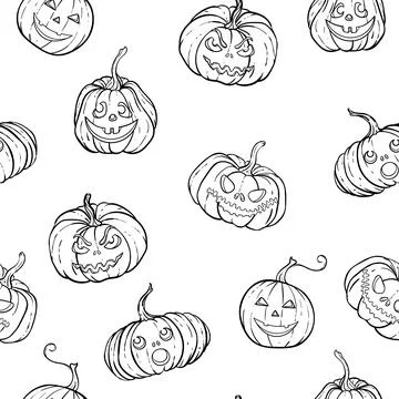 Halloween seamless pattern of black and white pumpkins with carving scary s.. Stock Illustration