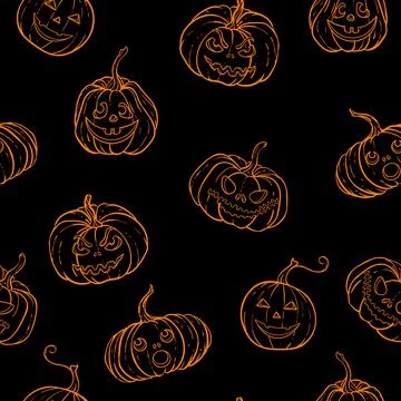 Halloween seamless pattern of black and white pumpkins with carving scary s.. Stock Illustration