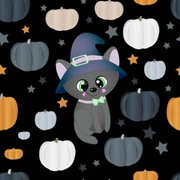 Halloween seamless pattern. Black background. Different color pumpkins and a  Stock Illustration