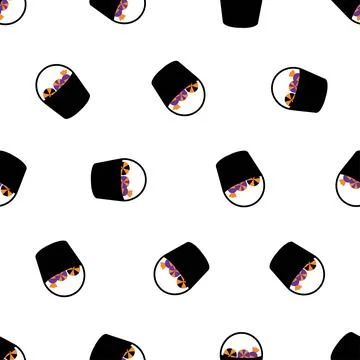 Halloween seamless pattern with black candy buckets and spooky treats on wh.. Stockillustratie