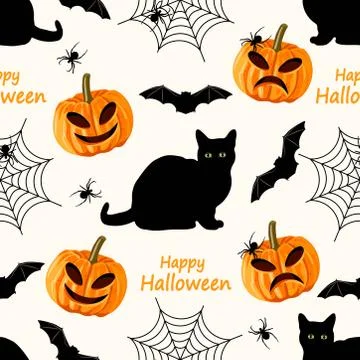Halloween seamless pattern with black cat, bat, spider, web and pumpkin. 스톡 일러스트