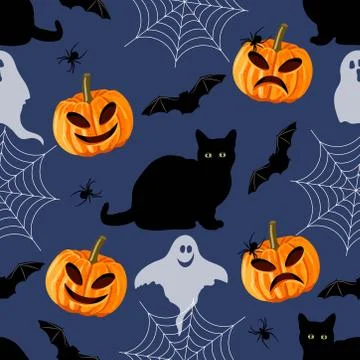 Halloween seamless pattern with black cat, bat, spider, web and pumpkin. Stock Illustration