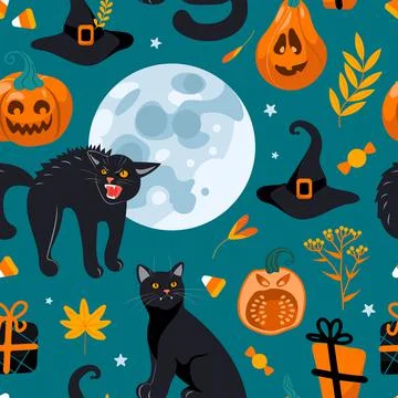 Halloween seamless pattern Black cat, full moon, witch hat, gifts, candy. On 스톡 일러스트
