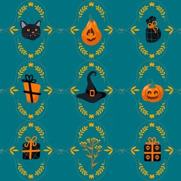 Halloween seamless pattern Black cat, witch hat, jack lantern, gifts, candy. 스톡 일러스트