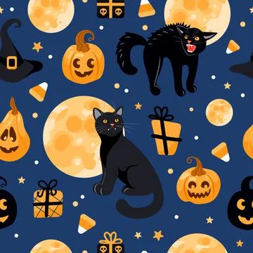 Halloween seamless pattern Black cat, moon, witch hat, jack lantern, candy. On a 스톡 일러스트